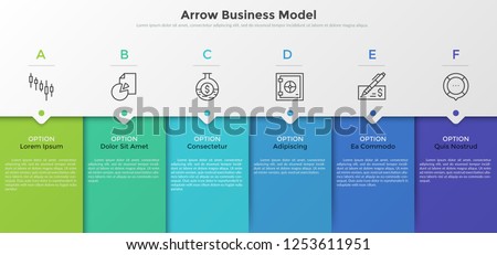 Six colorful rectangular elements, thin line pictograms, pointers and text boxes. Concept of arrow business model with 6 successive steps. Modern infographic design template. Vector illustration.