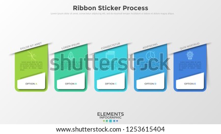 Five separate colorful rectangular elements with linear icons and place for text inside. Concept of web drop-down menu with 5 options. Infographic design template. Vector illustration for website.