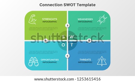 Rectangular matrix consisted of 4 colorful elements or cards connected by arrows. Creative infographic design template. Vector illustration for SWOT analysis of company and strategic planning.