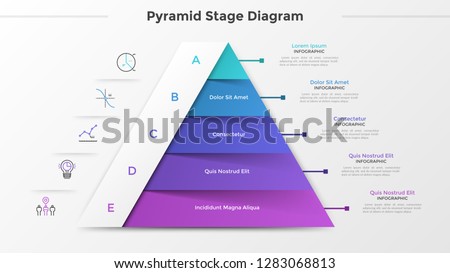 Triangular chart or pyramid diagram divided into 5 parts or levels, linear icons and place for text. Concept of five stages of project development. Infographic design template. Vector illustration.
