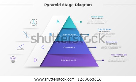 Triangular chart or pyramid diagram divided into 4 parts or levels, linear icons and place for text. Concept of four stages of project development. Infographic design template. Vector illustration.