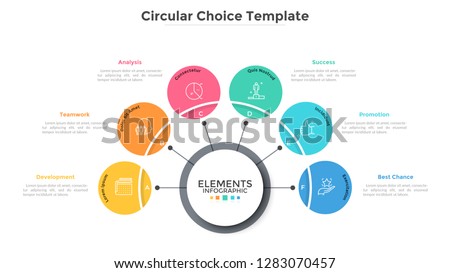 Six multicolored circles connected with main round element in center, 6 features of business process concept. Minimalist infographic design template. Vector illustration for presentation, website.