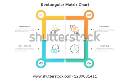 Square matrix chart with 4 paper white cells. Table with four options to choose. Modern infographic design template. Flat vector illustration for business presentation, website pop-up menu interface.