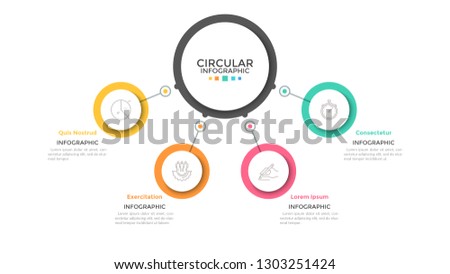 Four multicolored circles connected with main round element in center,4 features of business process concept. Minimalist infographic design template. Vector illustration for presentation, website.