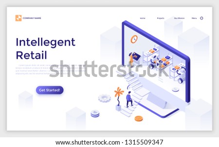 Landing page with giant computer display and robots working at warehouse inside, customer ascending stairs. Intelligent retail, online store with robotic fulfillment system. Vector illustration.