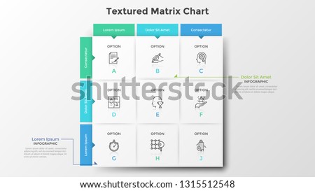 Square matrix chart or table. Nine paper white rectangular elements with thin line icons and letters inside, text boxes. Clean infographic design template. Vector illustration for presentation.