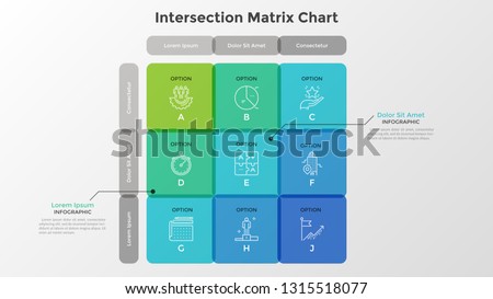 Matrix diagram with 9 intersected translucent cells arranged in rows and columns. Table or grid with nine options. Modern infographic design template. Flat vector illustration for business analysis.