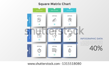 Square matrix chart with 9 paper white cells arranged in rows and columns. Table with nine options to choose or select. Simple infographic design template. Flat vector illustration for presentation.