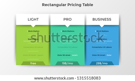Rectangular pricing tables with list of included options or features. Light, pro and business subscription plans, web product selection. Modern infographic design template. Flat vector illustration.