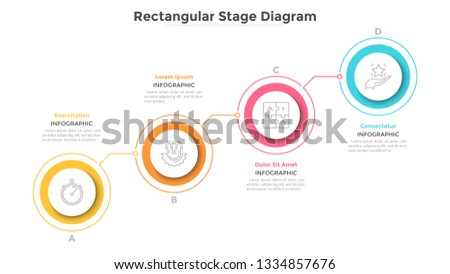 Ascending chart with 4 connected colorful round elements. Concept of four steps of progressive business development. Minimal infographic design template. Flat vector illustration for presentation.