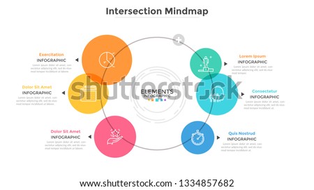 Mind map diagram with 6 intersected colorful translucent round elements. Modern infographic design template. Flat vector illustration for data visualization, business information analysis, report.