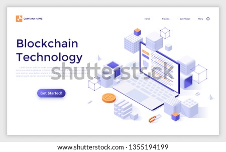Landing page with laptop computer surrounded by cubes and bitcoins. Concept of blockchain technology. Isometric vector illustration for cryptocurrency project advertisement, presentation, website.