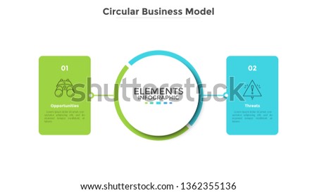 Business model with 2 rectangular elements or cards connected to main central circle. Concept of business threats and opportunities. Flat infographic design template. Modern vector illustration.