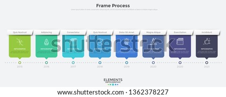 Horizontal timeline with 8 rectangular elements and year indication. Flat infographic design template. Modern vector illustration for company's annual progress or development history visualization.