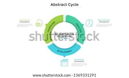Round pie chart divided into 3 colorful parts with arrows or pointers. Three features of startup project. Minimal infographic design template. Modern vector illustration for website menu interface.
