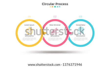 Three paper white overlapped circular elements arranged in horizontal timeline and connected by arrows. Concept of 3-stepped marketing strategy. Simple infographic design template. Vector illustration