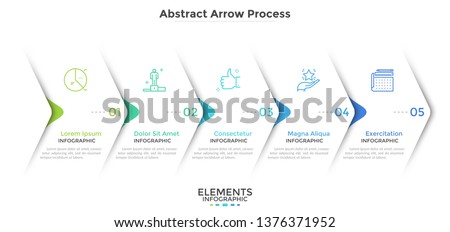 Five paper white overlapping arrows placed in horizontal row. Concept of 5 successive steps of progressive business development. Simple infographic design template. Abstract vector illustration. 商業照片 © 