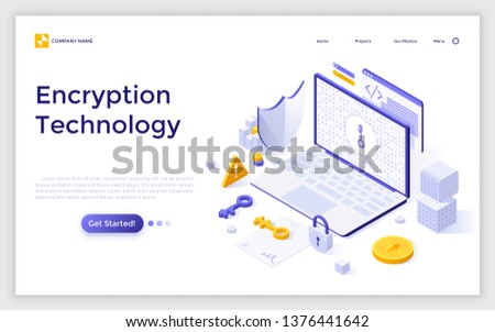 Landing page with laptop computer, cryptographic protocol, shield, lock and key. Encryption technology, secure data transmission, protection of information. Modern isometric vector illustration.