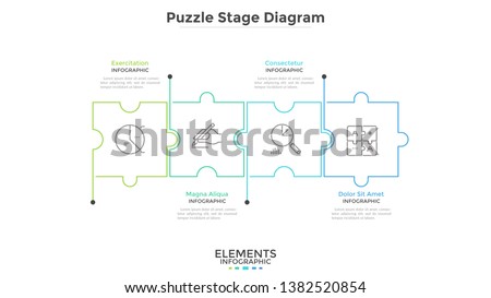Horizontal chart with 4 connected jigsaw puzzle pieces. Concept of four dependent components or parts of business project. Linear infographic design template. Vector illustration for progress bar.