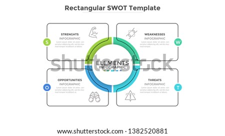 SWOT diagram with 4 rectangular elements. Comparison chart, analysis of advantages and disadvantages of company. Flat infographic design template. Vector illustration for strategic business planning. Imagine de stoc © 