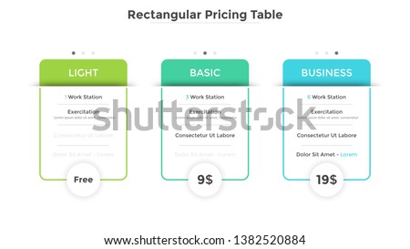 Three rectangular pricing tables or cards with list of included options. Light, basic and business subscription plans to choose. Modern infographic design template. Vector illustration for website.