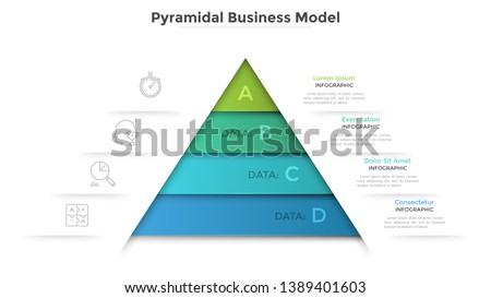 Triangular diagram divided into 4 levels. Concept of pyramid business model with four stages of development or progress. Modern infographic design template. Vector illustration for presentation.