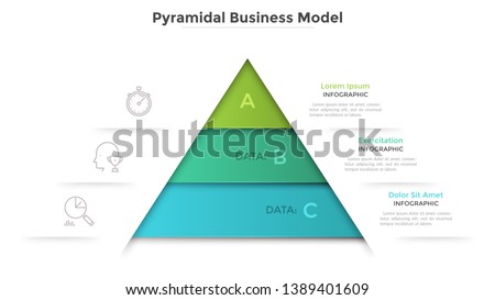 Triangular diagram divided into 3 levels. Concept of pyramid business model with three stages of development or progress. Modern infographic design template. Vector illustration for presentation.