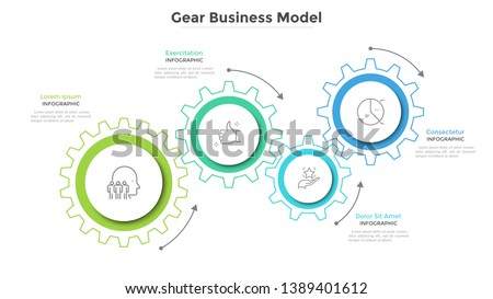 Business model with 4 paper white gear wheels. Concept of coordinated work, mechanical process, functioning mechanism. Modern infographic design template. Simple vector illustration for presentation.