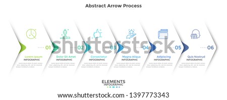 Six paper white overlapping arrows placed in horizontal row. Concept of 6 successive steps of progressive business development. Simple infographic design template. Abstract vector illustration.