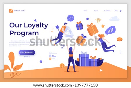 Landing page template with levitating internet retail customers and gift boxes. Promotion of online store or shop loyalty program, bonus or reward. Modern flat vector illustration for advertisement.