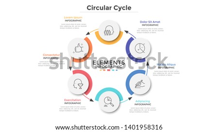 Round scheme with 6 circular paper white elements connected by arrows. Concept of six steps of business cycle or cyclic process. Minimal infographic design template. Modern vector illustration.