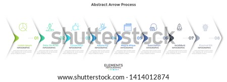 Eight paper white overlapping arrows placed in horizontal row. Concept of 8 successive steps of progressive business development. Simple infographic design template. Abstract vector illustration.