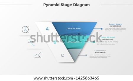 Triangular chart or pyramid diagram divided into 3 parts or levels, linear icons and place for text. Concept of three stages of project development. Infographic design template. Vector illustration.