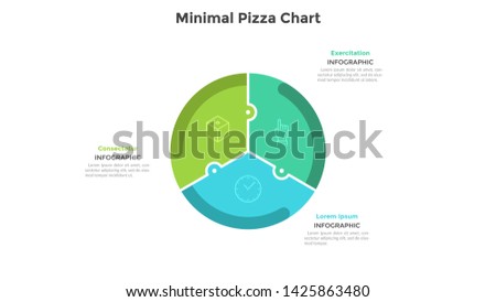 Pizza chart divided into 3 colorful jigsaw puzzle pieces or sectors. Concept of three parts of startup project. Simple infographic design template. Flat vector illustration for business analytics.