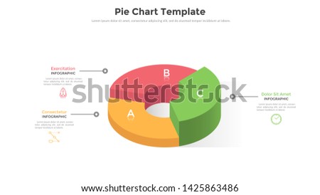 Volumetric ring-like pie chart divided into 3 sectors or pieces. Comparison of three parts of business project. Realistic infographic design template. Creative vector illustration for presentation.
