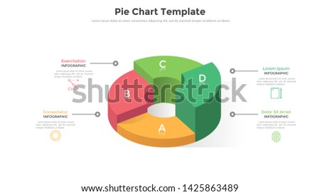 Volumetric ring-like pie chart divided into 4 sectors or pieces. Comparison of four parts of business project. Realistic infographic design template. Creative vector illustration for presentation.