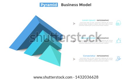 Half of pyramid lying on side split into 3 parts or layers and place for text. Concept of three features of business project. Modern infographic design template. Vector illustration for presentation.