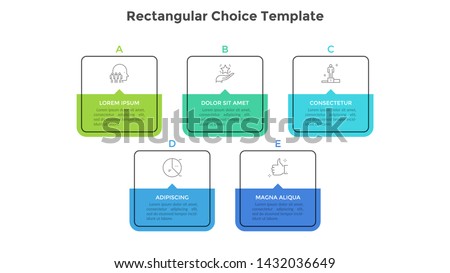 Five square elements or rectangular frames placed in horizontal row. Visualization of 5-stepped business process. Simple infographic design template. Flat vector illustration for presentation, report.