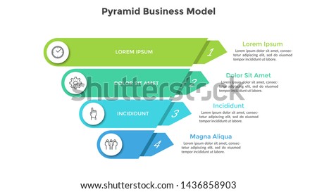 Inverted pyramid divided into 4 colorful parts or layers. Concept of four stages or steps of business progress. Creative infographic design template. Volumetric vector illustration for presentation.