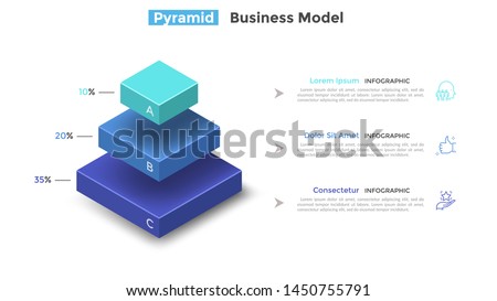 Tiered pyramid diagram with 3 segments or layers and percentage indication. Concept of three levels of hierarchy. Modern infographic design template. Vector illustration for presentation, brochure.