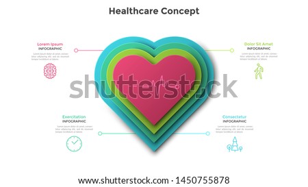 Heart made of four paper elements placed one on another. Concept of 4 features of healthcare program, medical care project. Creative infographic design template. Vector illustration for presentation.