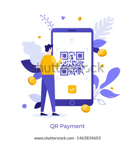 Man standing in front of mobile phone and touching screen with QR barcode. Concept of Quick Response Code, instant electronic payment service with data encoding technology. Flat vector illustration.