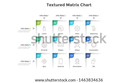 Textured matrix chart with 12 square cells with coordinates arranged in rows and columns. Table with nine options to choose. Modern infographic design template. Vector illustration for presentation.