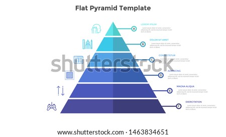 Segmented pyramidal chart with six colorful stages or levels. Concept of 6 steps of business analysis. Simple infographic design template. Flat vector illustration for presentation, report, banner.