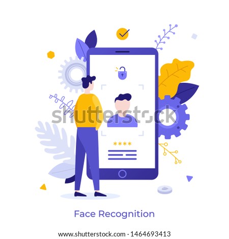 Man standing in front of giant smartphone and trying to log in. Concept of Face ID technology, facial recognition system, biometric authentication, information protection. Flat vector illustration.
