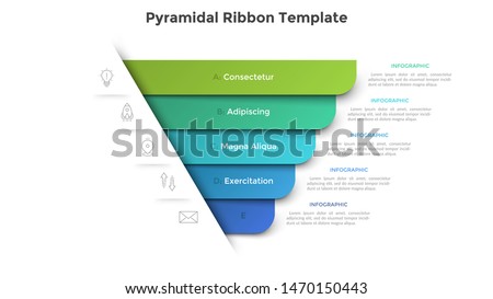 Pyramidal diagram with five colorful paper ribbon elements. Concept of 5 business options to choose. Creative infographic design template. Realistic vector illustration for website menu, banner.