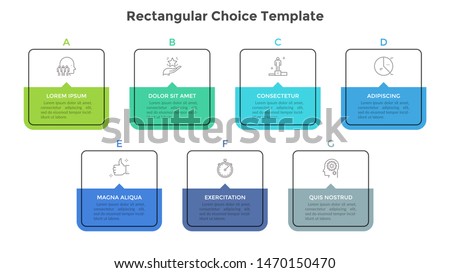 Seven square elements or rectangular frames placed in horizontal row. Visualization of 7-stepped business process. Simple infographic design template. Flat vector illustration for presentation, report