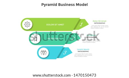 Inverted pyramid divided into 3 colorful parts or layers. Concept of three stages or steps of business progress. Creative infographic design template. Volumetric vector illustration for presentation.