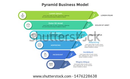 Inverted pyramid divided into 6 colorful parts or layers. Concept of six stages or steps of business progress. Creative infographic design template. Volumetric vector illustration for presentation.