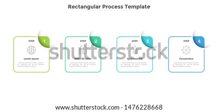 Four square elements placed in horizontal row and connected by arrows. Diagram representing 4 stages of business process. Simple infographic design template. Vector illustration for presentation.